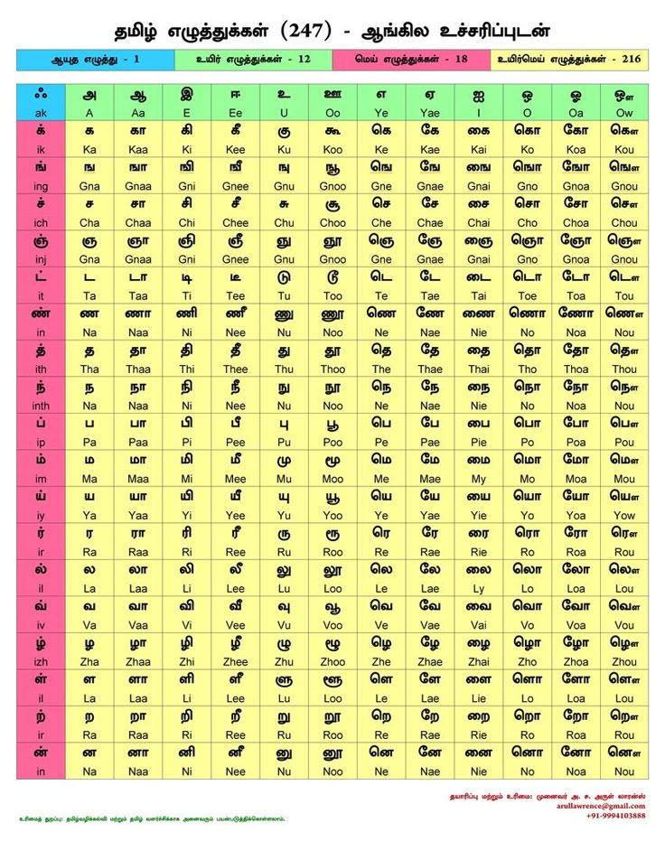 Tamil alphabets chart showing all letters